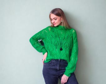 Trendy Green Mohair Silk Sweater | Hand Knit Fluffy Pullover | Statement Fashion Knit