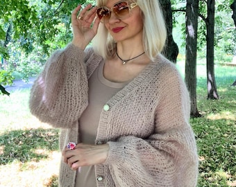 Oversized Mohair Cardigan, Beige Knit Sweater, Soft Fluffy Cardigan, Everyday Outfit, Minimal Capsule Wardrobe, Handmade Knitwear