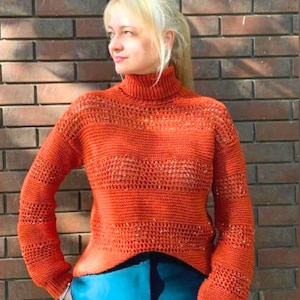 Orange Merino Wool Sweater, Handmade Knit Pullover for Women, Soft Warm Autumn-Spring Jumper, Chunky Cozy Wool Sweater, Gift for Her