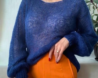 Suéter de punto de telaraña de mohair azul, jersey ligero con mangas abullonadas