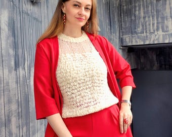 Ivory Mohair Knit Top Women, Hand Knit Summer Sweater, Textured Flamme Yarn Top, Lightweight Short Sleeve Pullover, Quiet Luxury Knitwear