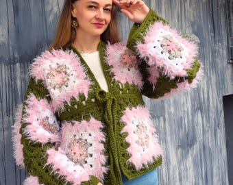 Crochet Granny Square Cardigan, Boho Chunky Knit Cardigan, Fluffy Patchwork Sweater, Cottagecore Cardigan Women, Handmade Festival Jacket