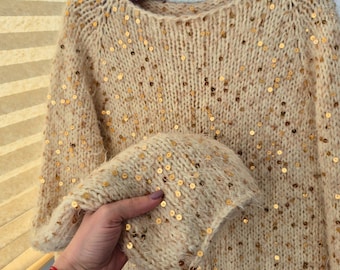 Jersey de lentejuelas extragrande, jersey brillante color crema, jersey suave y cómodo, conjunto para fiestas navideñas.