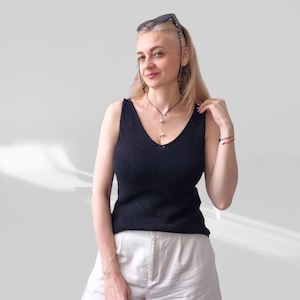 Handmade Black Knit Cotton Tank Top, Minimalist Sleeveless Cami