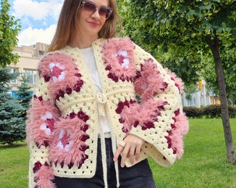 Boho Crochet Cardigan Women | Festival Jacket | Handmade Floral Granny Square Sweater