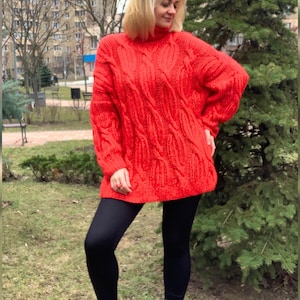 Handmade Chunky Cable Knit Sweater, Red Merino Wool Blend