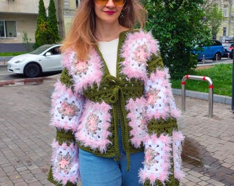 Boho Crochet Cardigan Women, Festival Granny Square Sweater, Colorful Patchwork Jacket, Fluffy Statement Cardigan, Artistic Knitwear