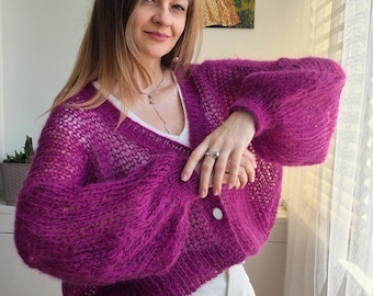 Fuchsia Mohair Cardigan Women | Bold Statement Knitwear | Oversized Pink Purple Sweater