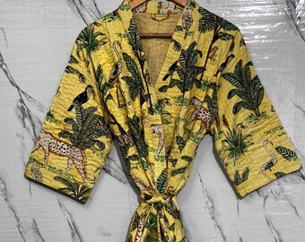 Jungle Print Cotton Kantha Kimono Robe: Handmade Indian Jacket