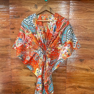 India Paisley Printed 100% Cotton Kaftan, Cotton Kaftan, Free Size kaftan, Long Cotton Kaftan, Soft Cotton Kaftan, Orange Kaftan Dress