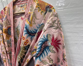 Floral Print Cotton Kimono Robe: Boho Lounge Wear