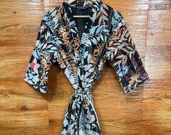 Floral Cotton Kantha Kimono Robe: Handmade Indian Jacket