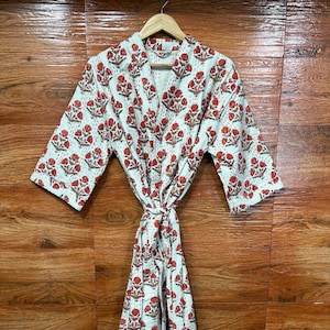 Kantha Cotton Long Quilted Kimono Jacket, Unisex Handmade Kantha Kimono Robe, Dressing Gown, Floral Printed Kantha Jacket Coat, Kimono Robe