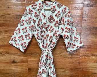 Floral Kantha Quilted Kimono Robe: Handmade Cotton Jacket