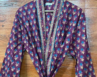 Floral Cotton Kimono Robe: Block Print Dressing Gown, Beach Cover-Up