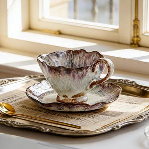 May include: A decorative teacup and saucer set with a gold spoon rest on a silver tray. The teacup has a unique, ruffled edge and a speckled, brown and white glaze. The saucer matches the cup, and the spoon is gold.