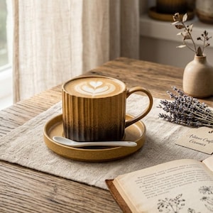 May include: A brown ceramic mug with a ribbed design, filled with coffee and latte art, sits on a matching saucer with a spoon. The mug is on a wooden table with a book, flowers, and a small vase.