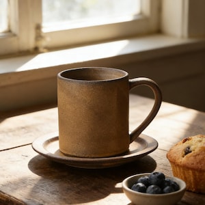 Puede incluir: Una taza de cerámica marrón con un platillo a juego sobre una mesa de madera. También hay un muffin y un pequeño cuenco con arándanos en la mesa. La escena está iluminada por la luz del sol.