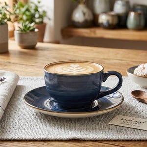 May include: A navy blue ceramic coffee cup and saucer set filled with a latte, with a heart-shaped design in the foam. The cup sits on a gray placemat, with a small bowl of cookies and a wooden spoon nearby.