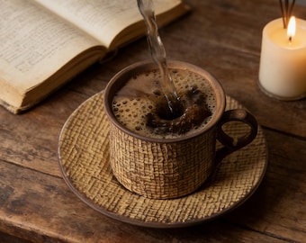 Rustikale Kaffeetasse mit Untertasse, Keramikkaffeetasse 250ml, Vintage Brown Pottery Becher, Bauernhaus handgemachtes Teetassen-Set, Geschenk für Kaffeeliebhaber