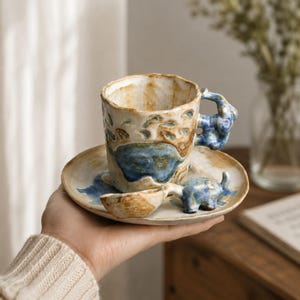 May include: A handcrafted ceramic cup and saucer set featuring an irregular, textured surface with blue and brown glaze accents. The cup has a sculpted handle, and the saucer includes a small, attached three-dimensional animal figurine.