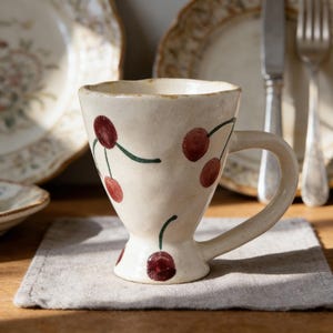 May include: Cream-colored ceramic mug with a flared shape, adorned with hand-painted red cherries and green stems. The mug has a rounded handle and sits on a neutral-toned linen coaster. Other vintage-style plates and silverware are in the background.
