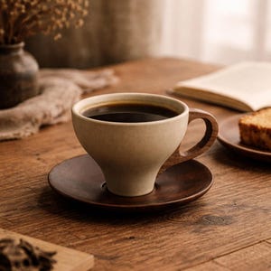 Puede incluir: Una taza de café de cerámica beige llena de líquido oscuro, sobre un platillo a juego. La taza tiene un asa de madera. Una rebanada de pastel está en un plato de madera cerca, lo que sugiere una pausa para el café.