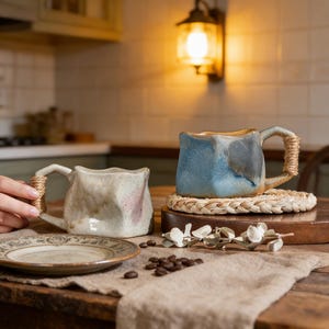 May include: Two handmade ceramic mugs with unique, textured designs. One is beige with pink accents, the other is blue. Both have rope-wrapped handles. A small plate and coffee beans are also on the wooden table.