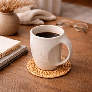Puede incluir: Una taza de café de cerámica blanca llena de café oscuro se encuentra sobre un posavasos de ratán tejido. La taza tiene un asa grande y un diseño texturizado y acanalado. El posavasos es redondo y marrón claro.