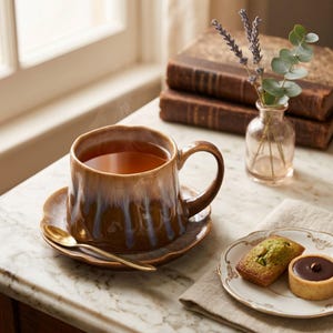 Puede incluir: Una taza de cerámica marrón llena de té, sobre un platillo a juego con una cuchara dorada. La taza tiene un esmalte único con goteos azules y marrones. También hay un plato pequeño con pasteles y un jarrón con flores.