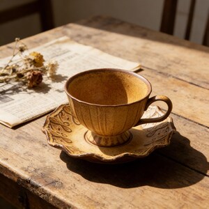 May include: A ceramic teacup and saucer set in a warm, earthy tone. The cup has a ribbed design and a curved handle. The saucer features a decorative, embossed pattern. The set is placed on a wooden surface, with a newspaper and dried flowers nearby.