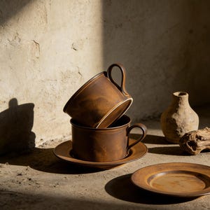 Può includere: Due tazze da caffè in ceramica marrone con manici, una impilata sull'altra, con un piattino. Sono visibili anche un secondo piattino e un piccolo vaso. Le tazze hanno un bordo bianco e sono su uno sfondo strutturato e dai toni neutri.