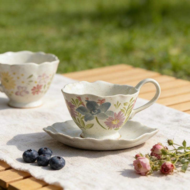 handmade style ceramic tea cup floral pattern