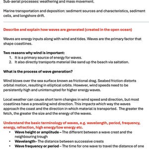 May include: An educational document explaining coastal processes. It covers wave generation, marine erosion, and sediment transport. Key terms like wavelength and fetch are defined. The text explains how wind and tides create waves.