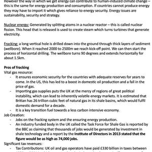 May include: A page from a textbook on environmental management, detailing sustainable energy supplies. The text covers renewable and non-renewable energy resources, the global energy problem, nuclear energy, and fracking, including pros and cons.