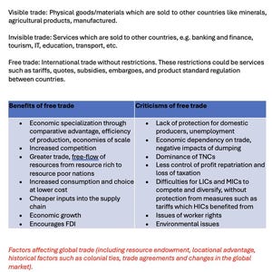 May include: A page from a textbook on global economics. The text discusses trade patterns, including visible and invisible trade, free trade, and the benefits and criticisms of free trade. The text also mentions China's low-cost labor force.