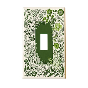 Forest Green on Cream Wildflower Woodcut Design Metal Light Switch Cover
