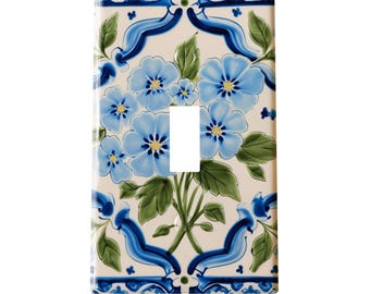 Delicate Blue Blossom Metal Light Switch Cover, Hand-painted Art Style, Elegant Scrollwork Border, Country Cottage Floral Wall Plate
