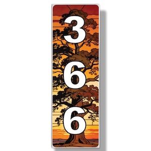 May include: A rectangular vertical house number sign featuring the digits 366 in large white font. The background displays a detailed illustration of a tree silhouette against a vibrant orange and yellow sunset sky with horizontal lines.