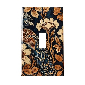 Peacock Light Switch Cover: Vintage Botanical Bird Decor, Navy Blue & Copper