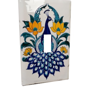 Blue Peacock Metal Light Switch Cover, Indian Jaipur Floral Wall Plate
