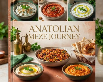 May include: A hardcover cookbook titled Anatolian Meze Journey with a subtitle Exploring the rich culinary heritage of Anatolia's small plates. The cover features various bowls of dips, a vegetable dish, bread in a basket, and two brass oil cruets.