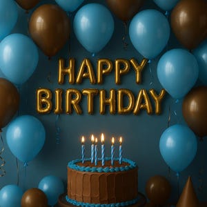 Könnte beinhalten: Festliche Geburtstagszene mit blauen und braunen Luftballons, einem Schokoladenkuchen mit brennenden Kerzen und einem goldenen "HAPPY BIRTHDAY" Ballonbanner. Der Kuchen steht auf einem Holzständer.