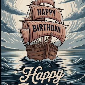 Puede incluir: Ilustración de tarjeta de cumpleaños de temática náutica. Un barco marrón navega sobre olas azules bajo un cielo nublado. Las velas dicen "HAPPY BIRTHDAY". Las palabras "Happy Birthday" también están escritas abajo.