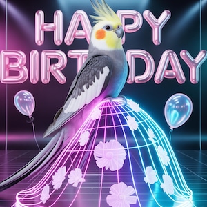 Cockatiel neon birthday card with floral glow! Perfect for bird lovers & unique celebrations. Instant printable download.