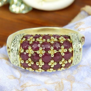 Vintage Ruby CZ Cluster Ring – Gold Plated Cocktail Statement Ring – Red Gemstone Party Jewelry for Women
