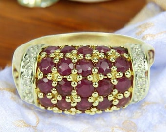 Vintage Ruby CZ Cluster Ring – Gold Plated Cocktail Statement Ring – Red Gemstone Party Jewelry for Women
