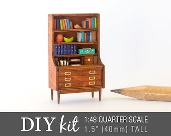 DIY Miniature Kit - 1:48 scale Modern MCM Hutch - Create a 1/4 scale mid-century modern cabinet for your dollhouse (unpainted wood)