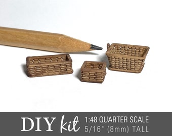 Unpainted Baskets Miniature Kit: 1/4 O scale - Set of 3, rectangle shape - Paint quarter scale baskets for your dollhouse (resin)