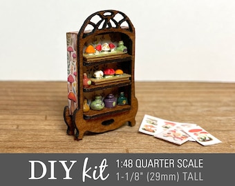 DIY Miniature Kit - 1:48 Mushrooms & Potions Shelf - Create a tiny hutch for a fairy or witch dollhouse (wood, unpainted resin, paper)